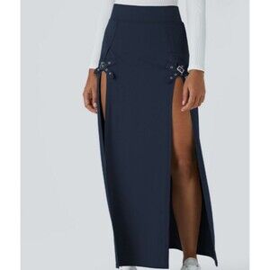 Halara Navy Soft Stretchy Double Buckle Front Split Maxi Skort Skirt XL